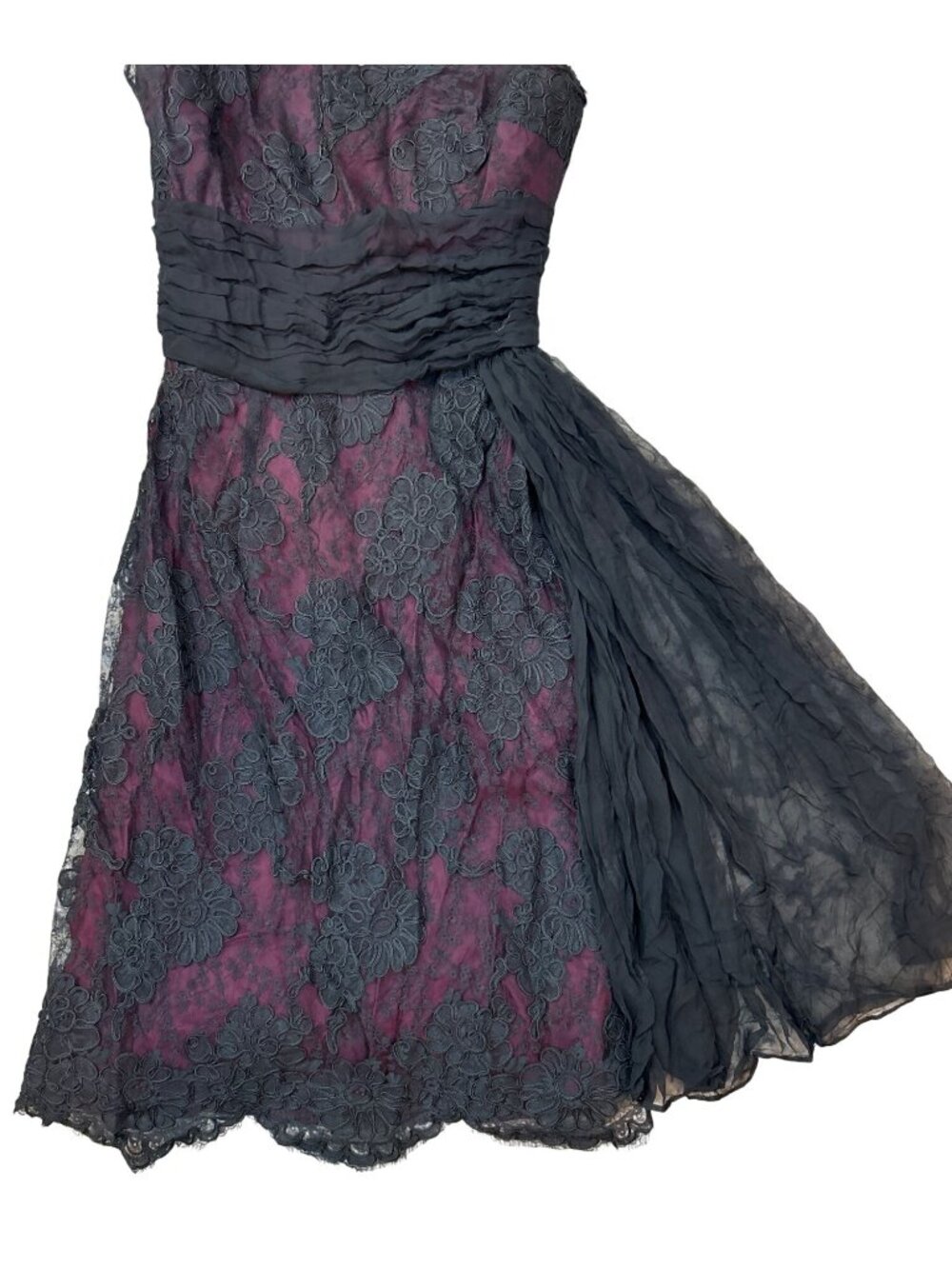 Vtg 50s Black Lace Overlay Burgundy Mini Dress Lace Whimsigoth Dark Romantic - Picture 4 of 16